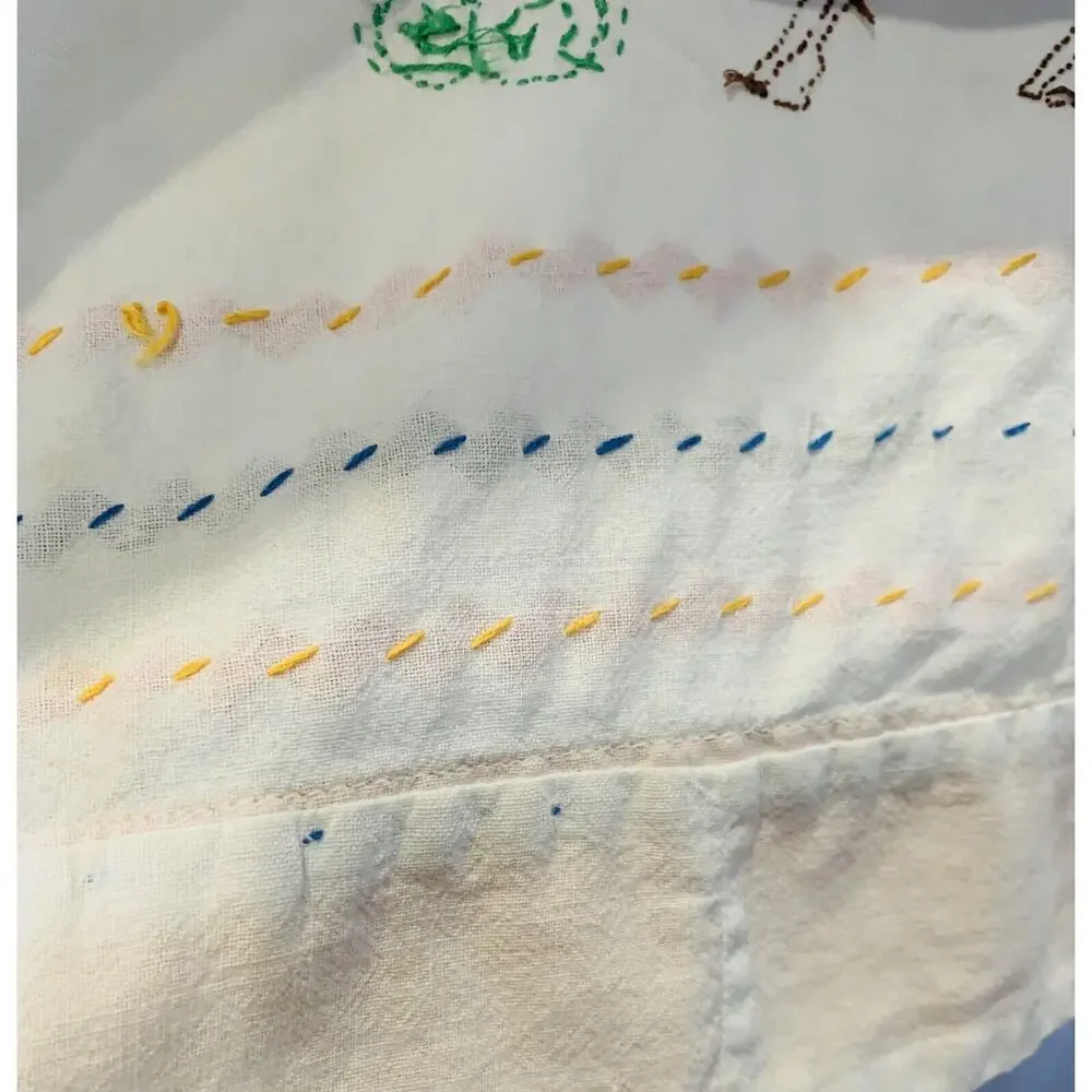 Vintage Apron Women White Yellow Waist Hand Embroidery Handmade Cotton Donkey